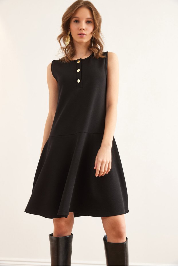 Women's Black Buttoned Skirt Detailed Crepe Dress Elb- 19002345