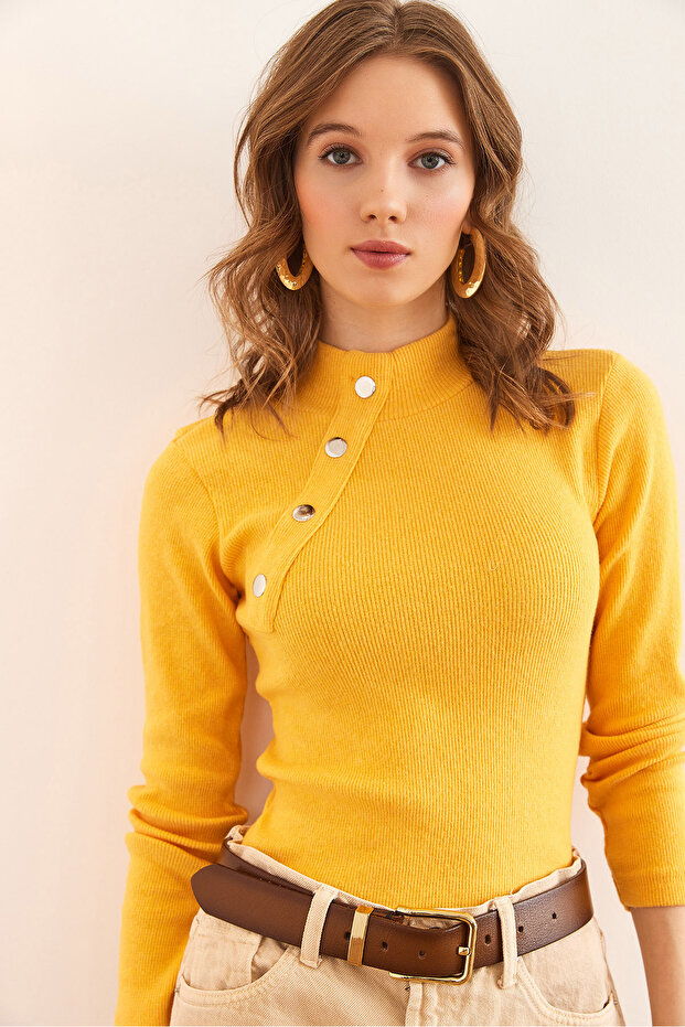 Dámská žlutá, detailní rybářská lycrová halenka s knoflíky BLZ-19001608 - 1