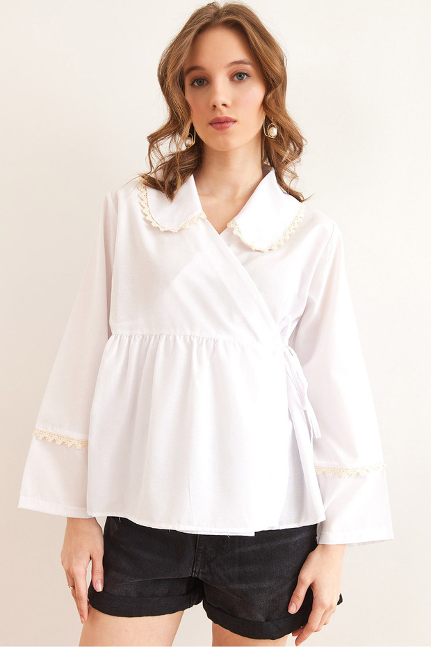 Women's White Lace Detailed Wrap Woven Blouse Blz- 19002859