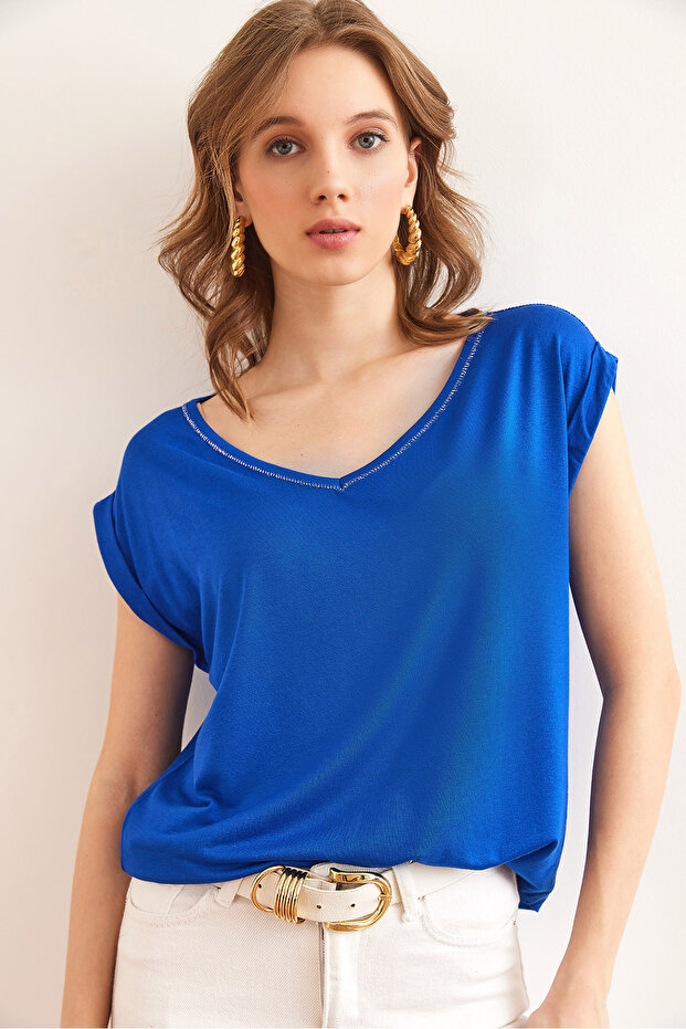 Women's Cobalt Blue Silver Stitching Detailed V-Neck Knitted Viscose Blouse Blz-19002659