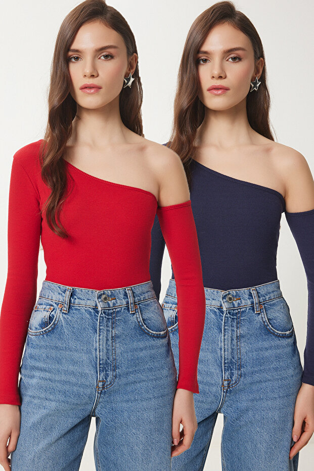 Women's Red Navy Blue Open Shoulder Ribbed 2-Piece Knitted Blouse Tg00013
