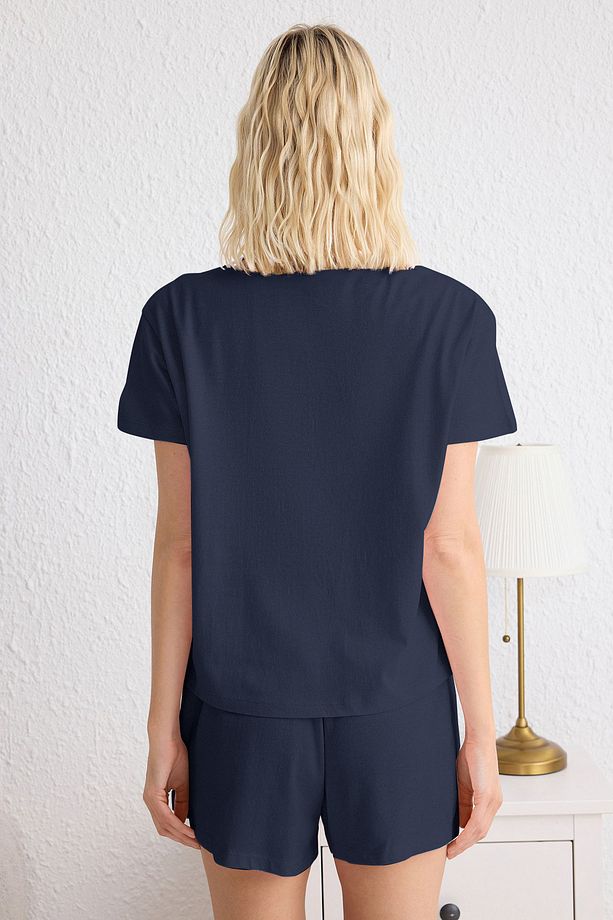Lacivert Kalp Patchli Şortlu Örme Pijama Takımı THMSS25PT00155 - 4