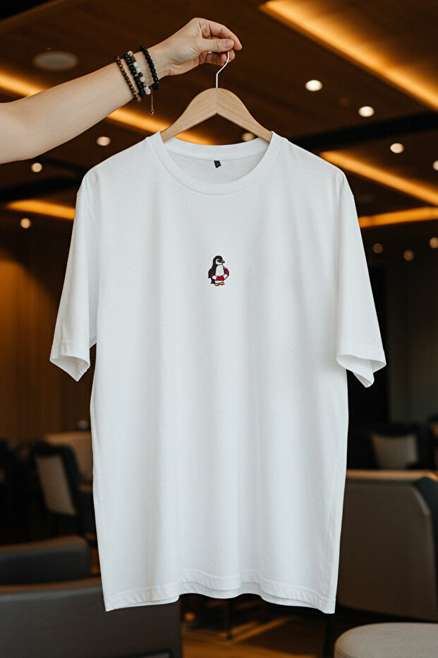 Unisex Ekru Oversize/Geniş Kesim Penguen Nakışlı %100 Pamuklu T-Shirt TMNSS23TS00243 - 6