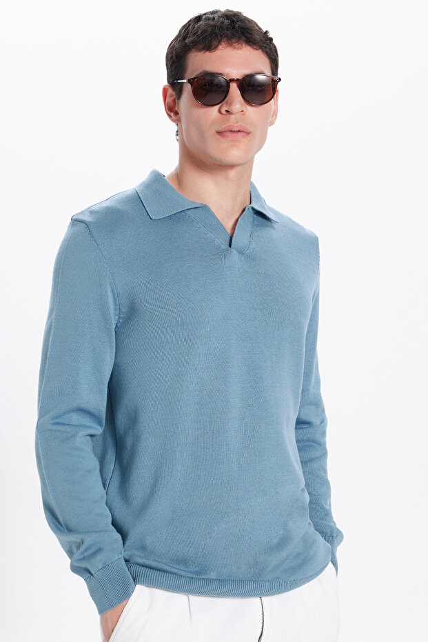 Men's Standard Fit Regular Cut Polo V-Neck Indigo Knitwear Sweater