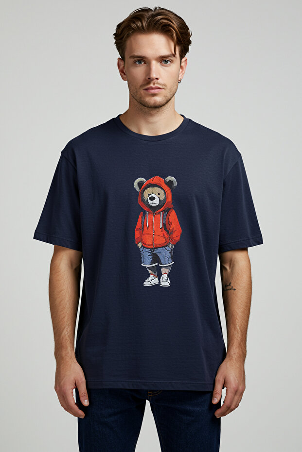 Lacivert Unisex Oversize/Geniş Kesim Ayıcık Baskılı %100 Pamuklu T-Shirt TMNSS25TS00158 - 3