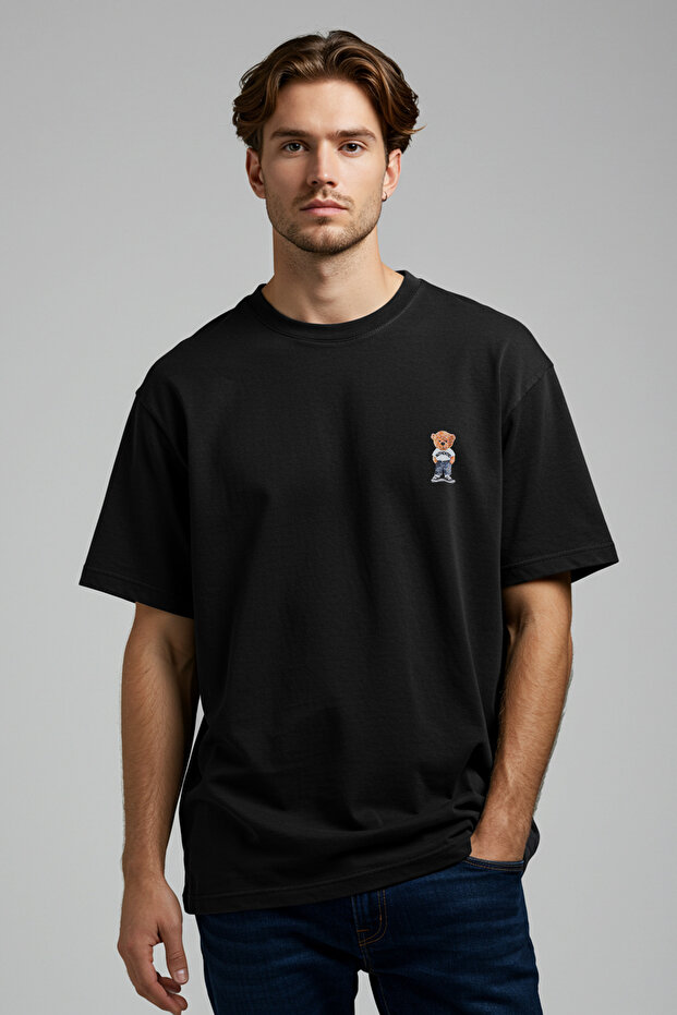 Siyah Unisex Oversize/Geniş Kesim Ayıcık Baskılı %100 Pamuklu T-Shirt TMNSS25TS00161 - 3
