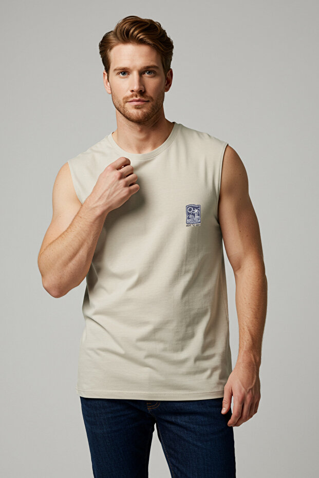 Taş Oversize/Geniş Kesim %100 Pamuklu Nakışlı Atlet TMNSS25AL00004 - 2