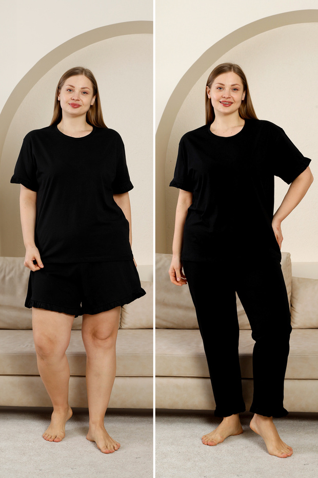 Siyah Bisiklet Yaka Fırfır Detaylı 3'lü Set Pijama Takımı TBBSS25AI00093 - 1