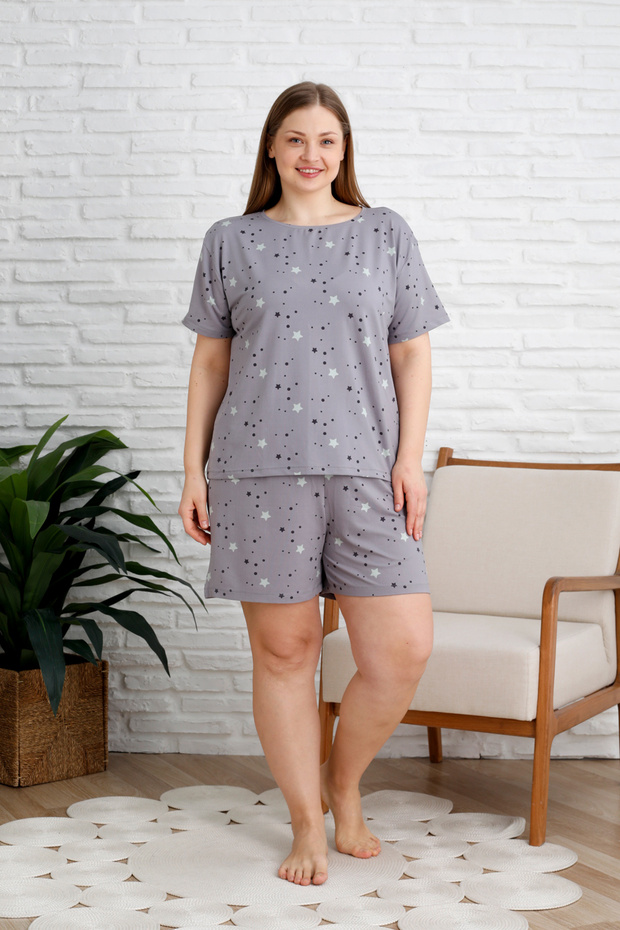 Gri Yıldız Desenli Yumuşak Tuşe Milan Örme Pijama Takımı TBBSS25AI00060 - 1