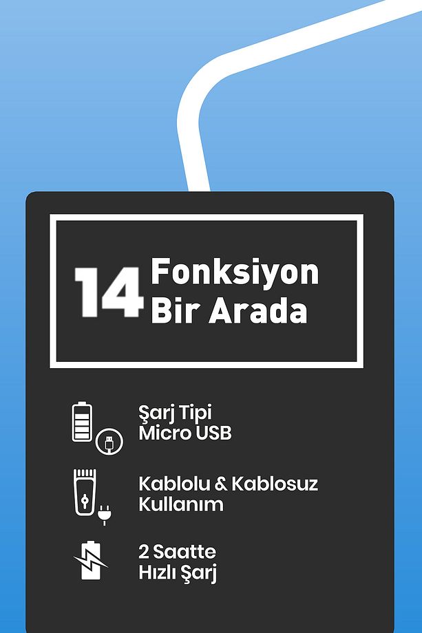 Jest Kablolu Kablosuz Paslanmaz Çelik Standlı Micro Usb'li 14 in 1 Yüz, Saç Erkek Bakım Seti Kiti - 5