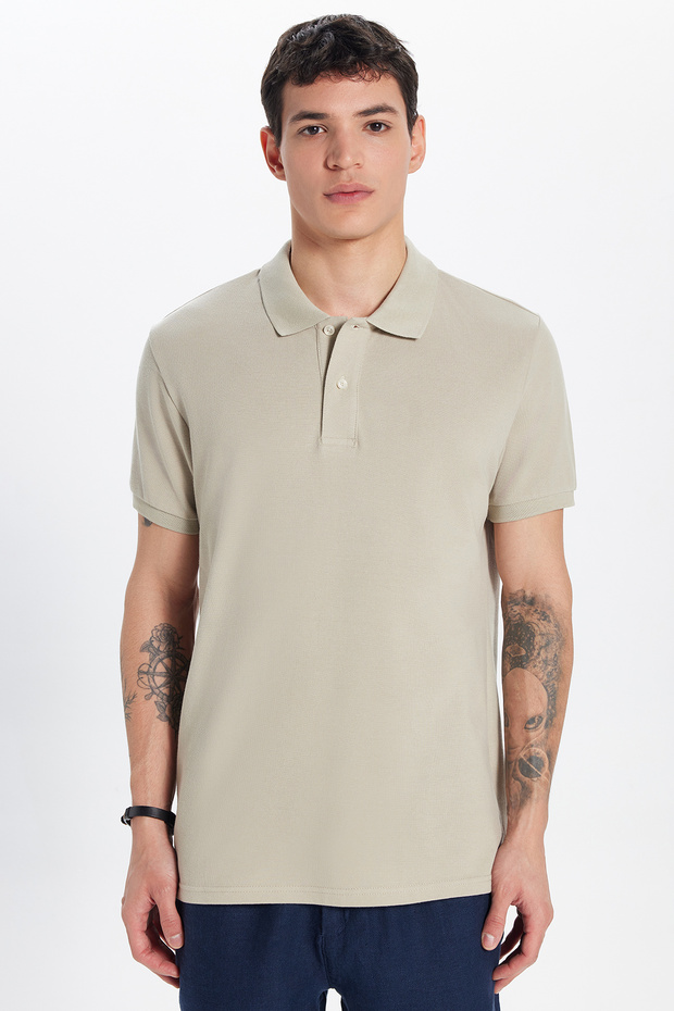 Men's Slim Fit Slim Fit 100% Cotton Stone Polo Neck T-Shirt