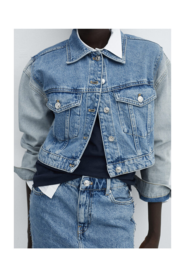 Two-tone cropped denim jacket - 3