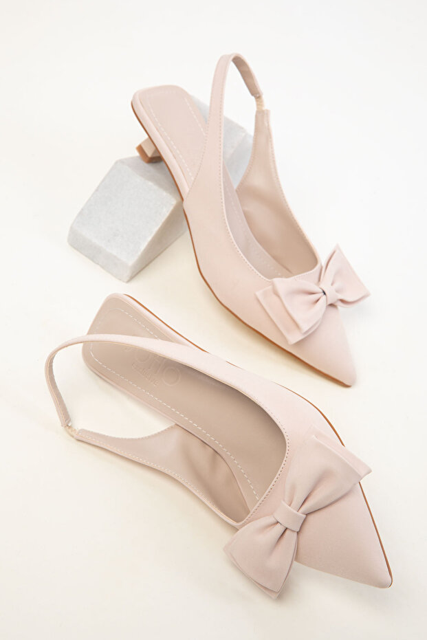 Beżowe matowe satynowe damskie klasyczne buty na obcasie 20401 - 1