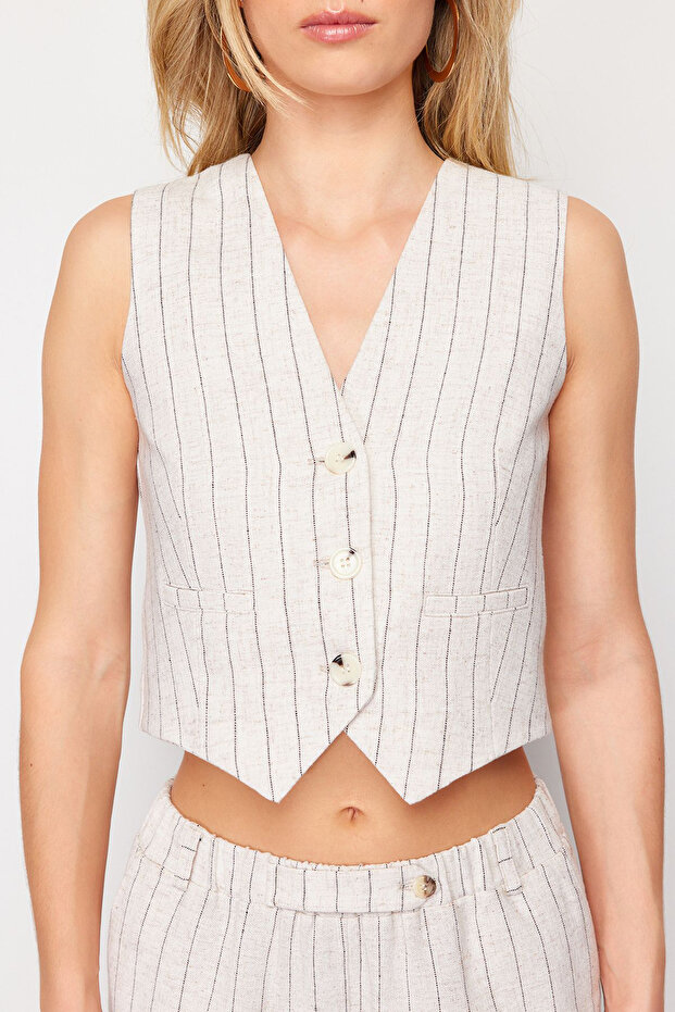 Bej Çizgili Pamuk Keten Crop Dokuma Yelek TWOSS24YE00025 - 3