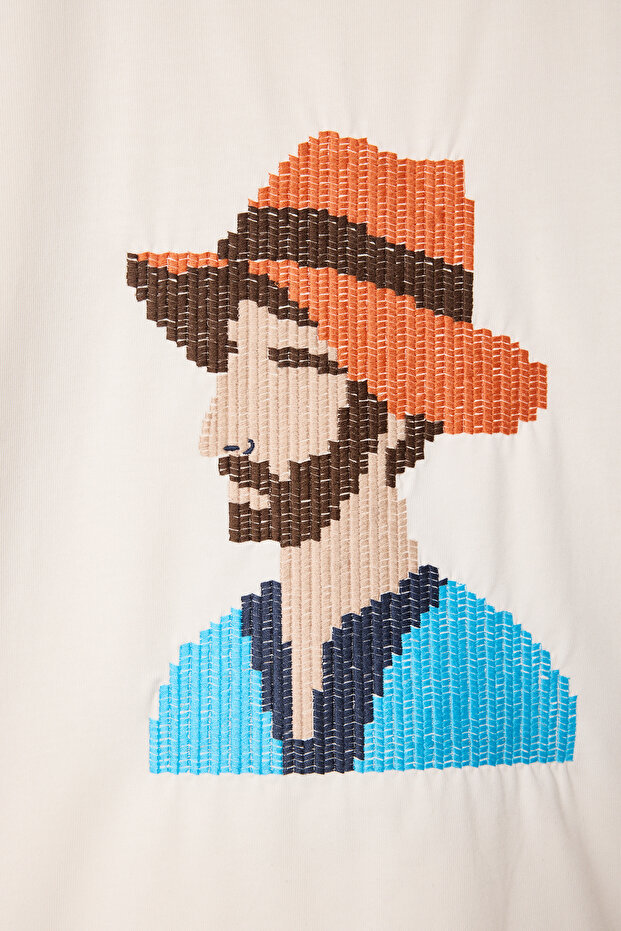 Ekru Oversize/Geniş Kesim Nakışlı Kalın %100 Pamuk T-Shirt TMNSS25TS00011 - 8