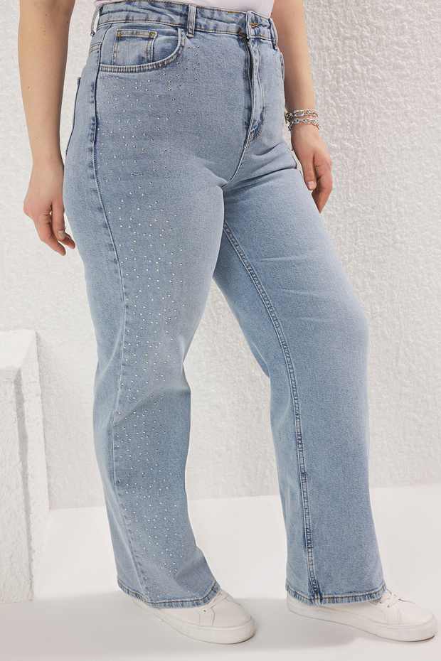 Buz Mavisi Yüksek Bel Troklu Geniş Paça Comfort/Orta Esnek Büyük Beden Wide Leg Jeans TBBSS25CJ00014 - 3