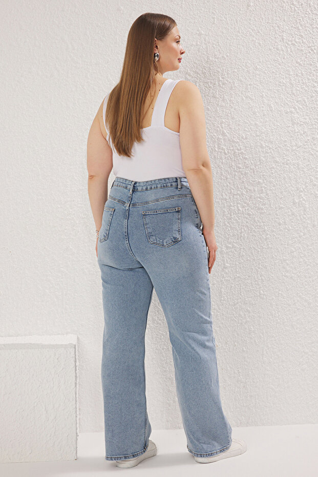 Buz Mavisi Yüksek Bel Troklu Geniş Paça Comfort/Orta Esnek Büyük Beden Wide Leg Jeans TBBSS25CJ00014 - 4