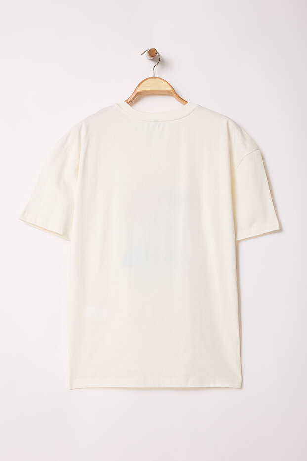 Ekru Oversize/Geniş Kesim Nakışlı Kalın %100 Pamuk T-Shirt TMNSS25TS00011 - 9