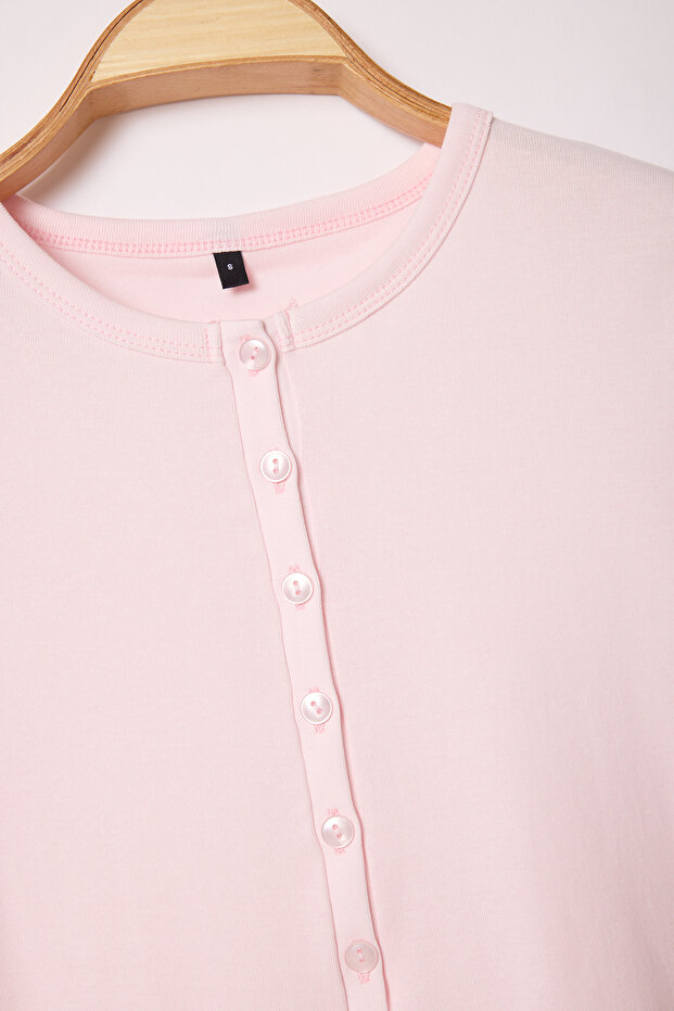 Pembe Düğmeli Fitted/Vücuda Oturan Örme Bluz TWOSS25BZ00281 - 6