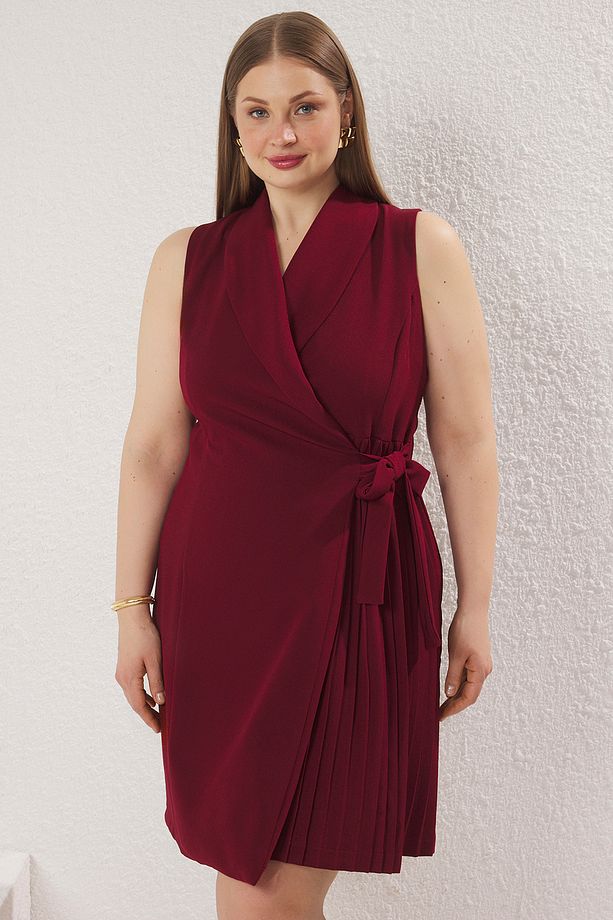 Bordo Düz Kruvaze Dokuma Elbise TBBSS23AH00254 - 2