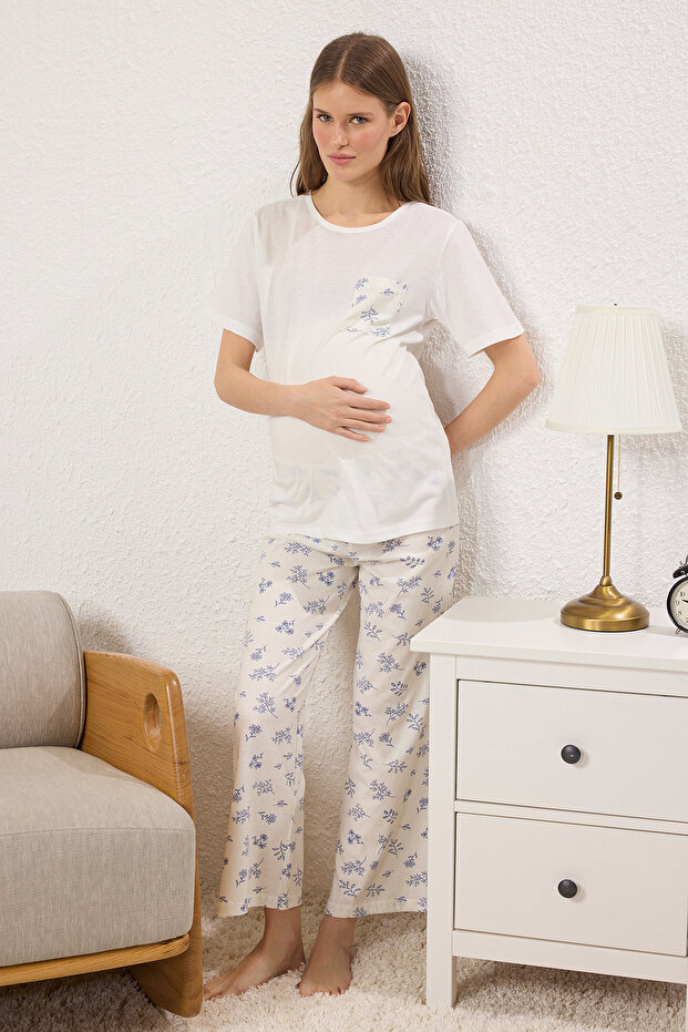 Beyaz-Mavi Pamuklu Çiçekli Cep Detaylı Hamile Örme Pijama Takımı THMSS25PT00212 - 6