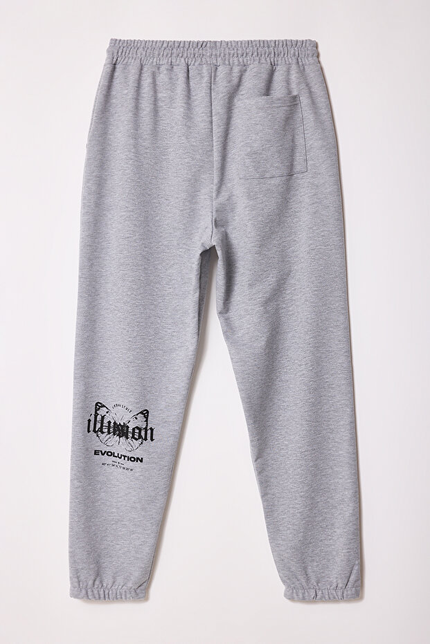 Gri Melanj Oversize/Geniş Kesim Lastik Paça Kelebek Baskılı Bol Eşofman Altı TMNSS25EA00006 - 7