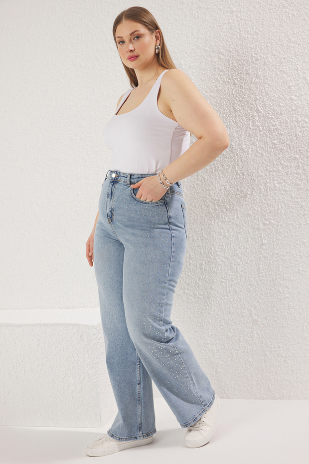 Buz Mavisi Yüksek Bel Troklu Geniş Paça Comfort/Orta Esnek Büyük Beden Wide Leg Jeans TBBSS25CJ00014 - 2