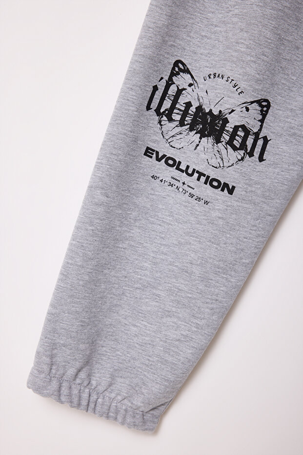 Gri Melanj Oversize/Geniş Kesim Lastik Paça Kelebek Baskılı Bol Eşofman Altı TMNSS25EA00006 - 10