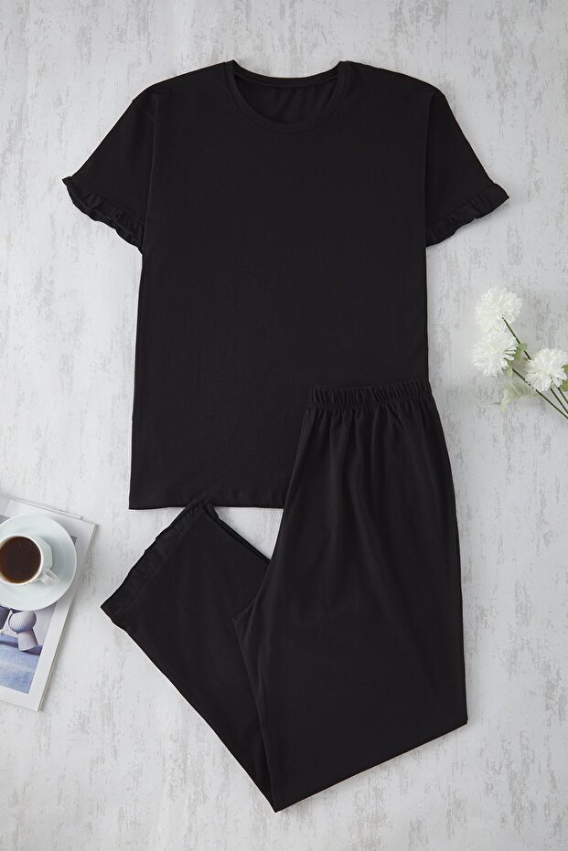 Siyah Bisiklet Yaka Fırfır Detaylı 3'lü Set Pijama Takımı TBBSS25AI00093 - 9