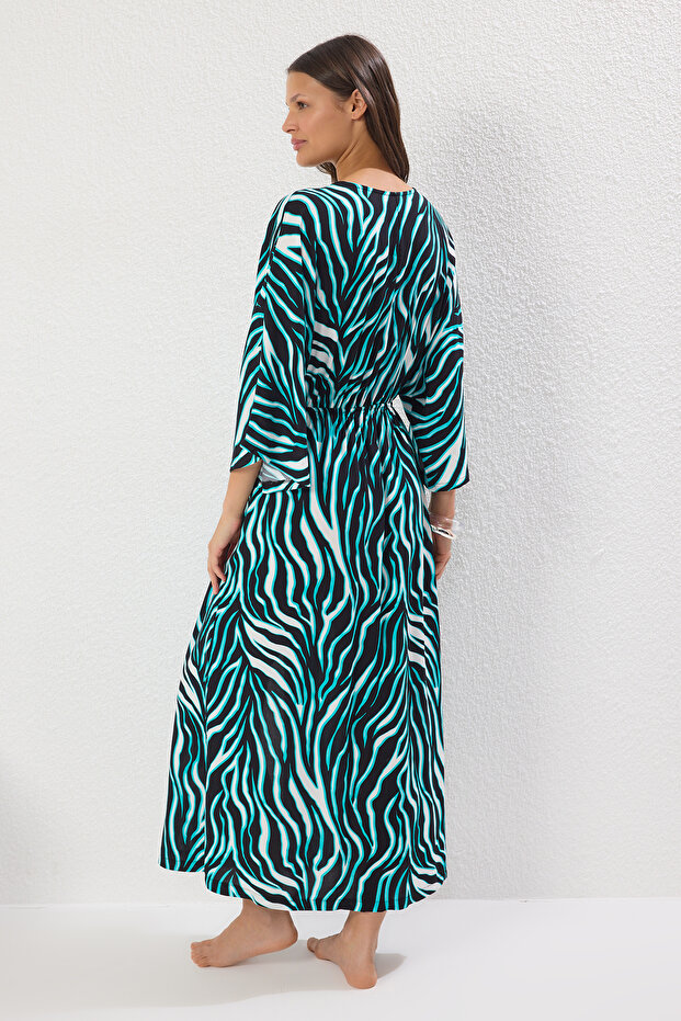 Zebra Desenli Dokuma Büzgülü Maxi Plaj Elbise TBESS25EL00083 - 4