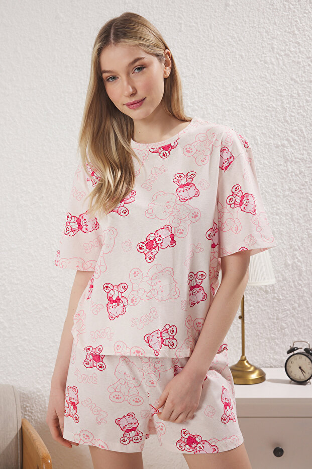 Pembe %100 Pamuklu Ayıcıklı Şortlu Örme Pijama Takımı THMSS25PT00367 - 2