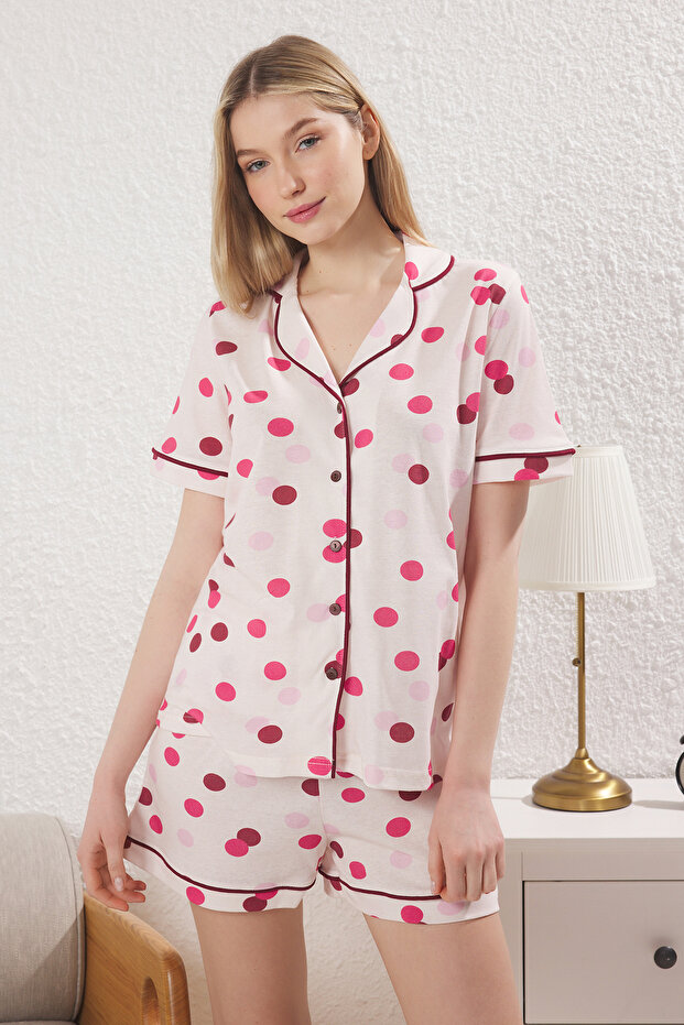 Açık Pembe %100 Pamuklu Puantiyeli Biyeli Şortlu Örme Pijama Takımı THMSS25PT00346 - 3