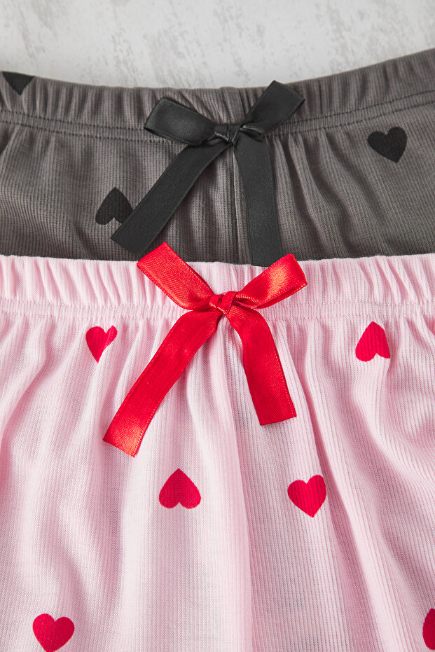 Çok Renkli Kalp Desenli Fırfırlı 2'li Paket Kaşkorse Örme Pijama Altı TBBSS25IA00007 - 3