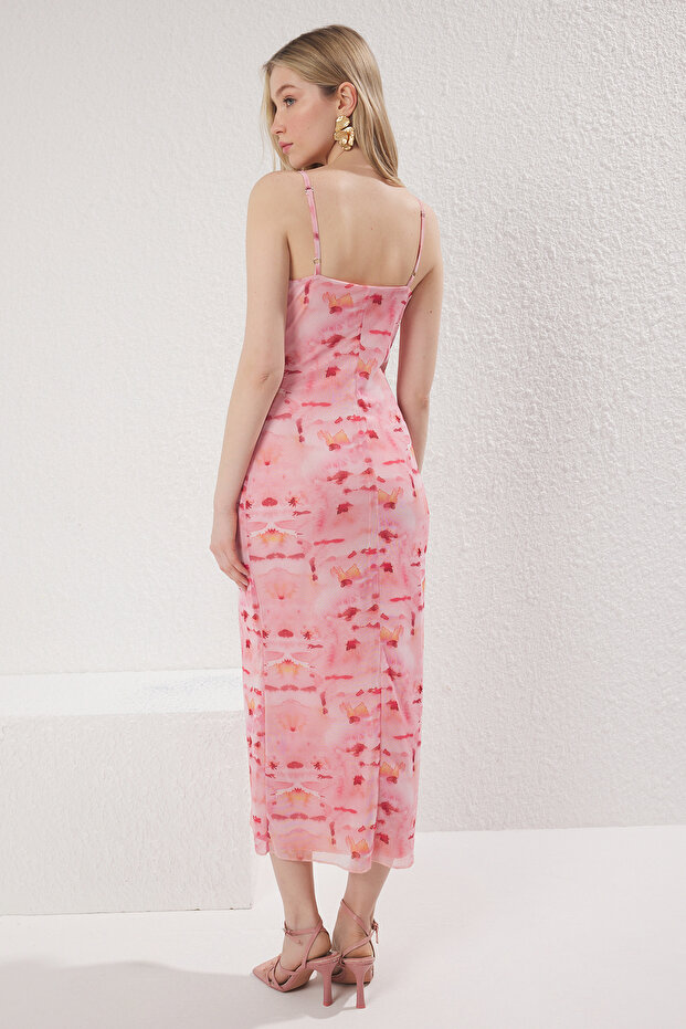 Pembe Soyut Baskılı Tül Büzgü / Drape Maxi Örme Elbise TWOSS25EL00168 - 4