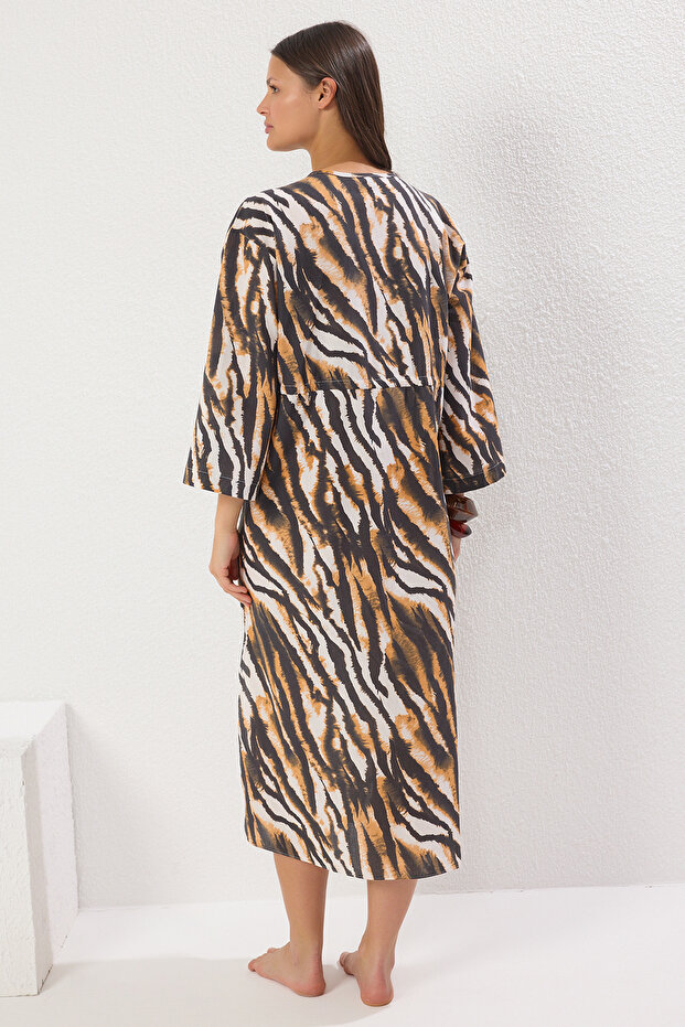 Zebra Desenli Dokuma Büzgülü %100 Pamuk Plaj Midi Elbise TBESS25EL00017 - 4