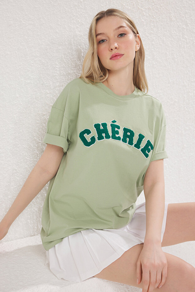 Mint %100 Pamuk Oversize/Geniş Kesim Slogan Nakışlı Örme T-Shirt TWOSS25TS00161 - 3