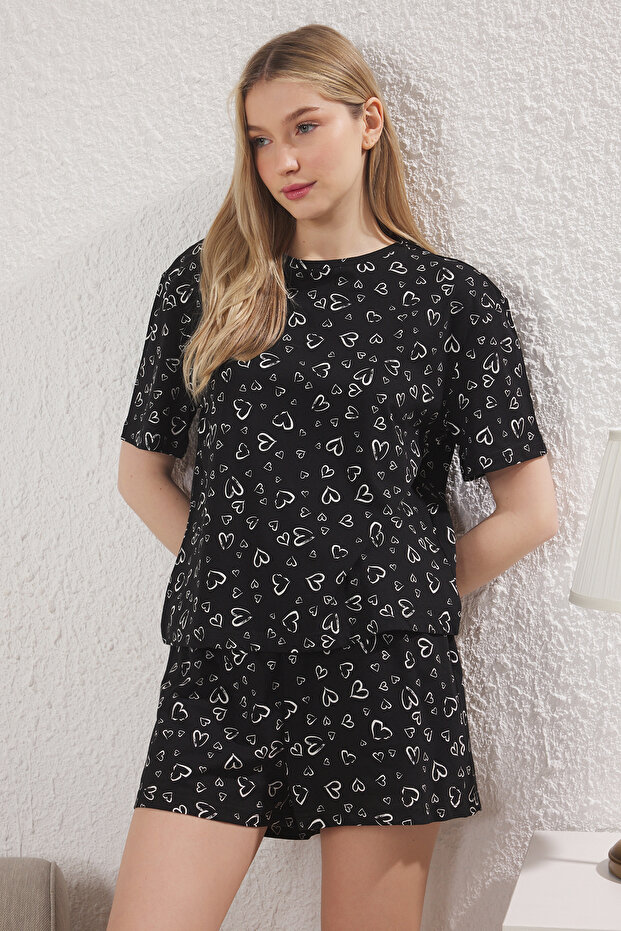 Siyah %100 Pamuklu Kalpli Şortlu Örme Pijama Takımı THMSS25PT00374 - 3