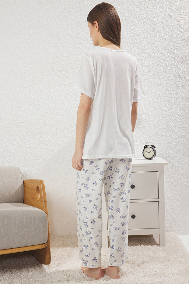 Beyaz-Mavi Pamuklu Çiçekli Cep Detaylı Hamile Örme Pijama Takımı THMSS25PT00212 - 5