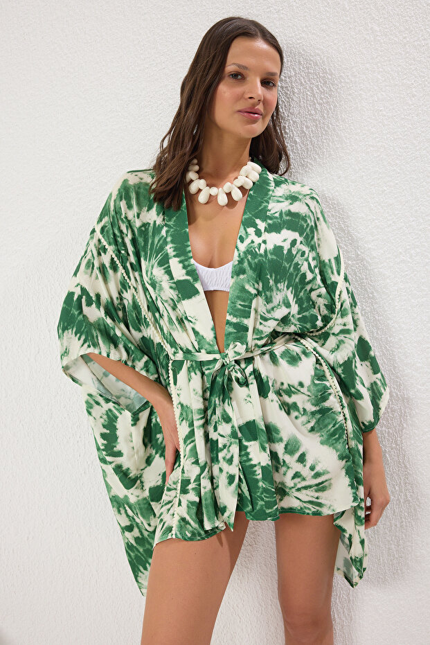 Batik Desenli Dokuma Şeritli Plaj Mini Kuşaklı Kimono&Kaftan TBESS25KM00008 - 1
