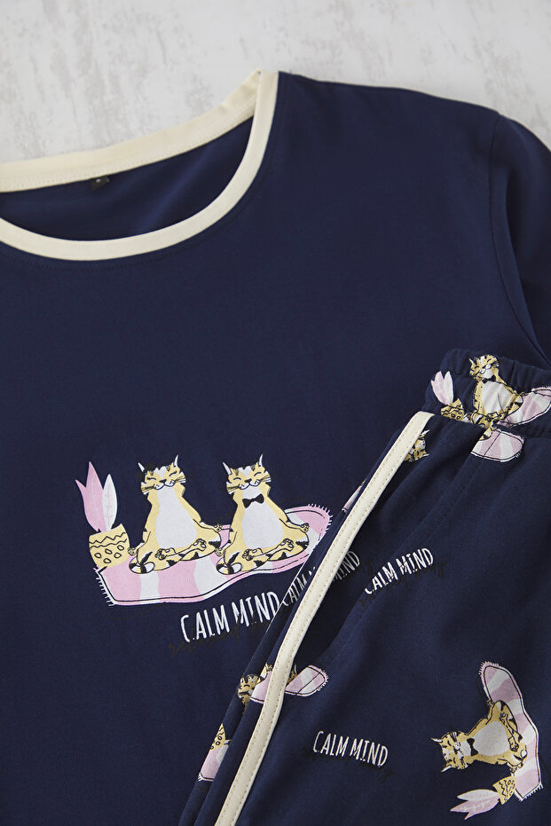 Unisex Lacivert Kedi Baskılı Çift/Couple %100 Pamuk Örme Erkek Pijama Takımı TMNSS25PT00052 - 3