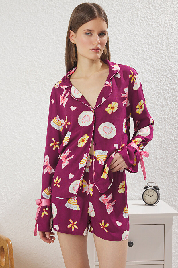 Mürdüm Bağlamalı/Kurdele/Fiyonklu ve Biyeli Viskon Şortlu Dokuma Pijama Takımı THMSS24PT00047 - 2