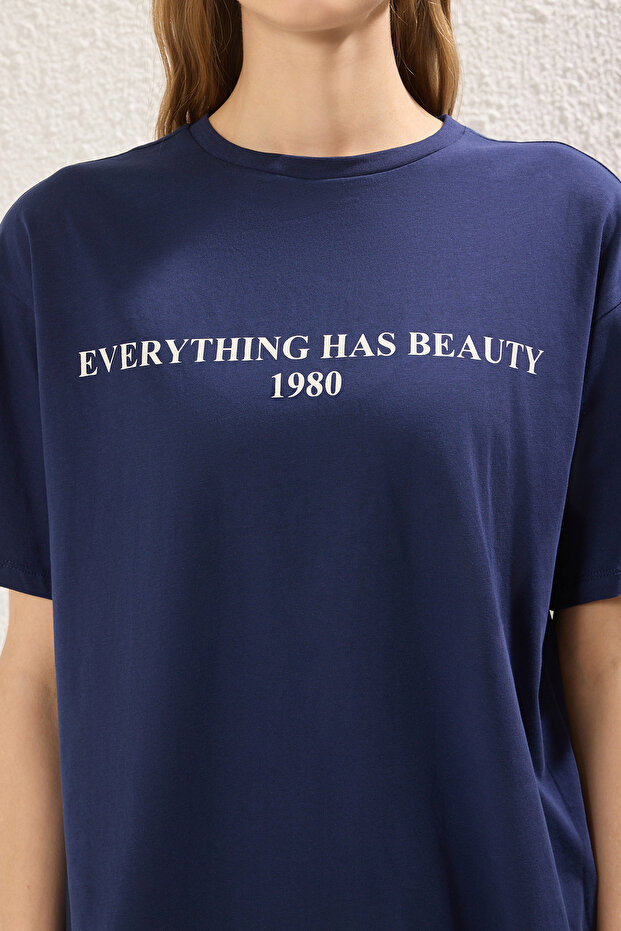 Lacivert %100 Pamuk Slogan Baskılı Relaxed/Geniş Rahat Kesim Örme T-Shirt TWOSS19GH0034 - 3