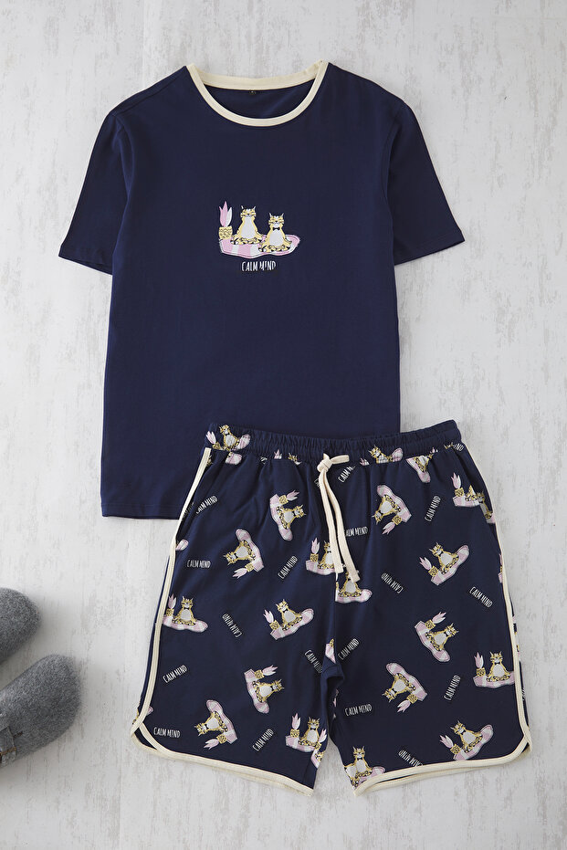 Unisex Lacivert Kedi Baskılı Çift/Couple %100 Pamuk Örme Erkek Pijama Takımı TMNSS25PT00052 - 2