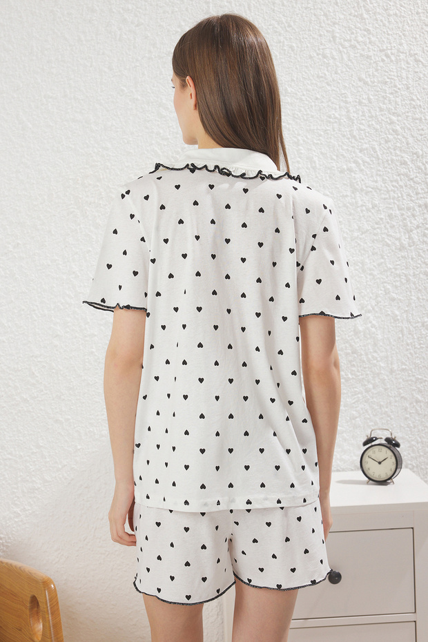 Beyaz %100 Pamuklu Kalpli Fırfırlı ve Kurdele/Fiyonklu Şortlu Örme Pijama Takımı THMSS25PT00264 - 4