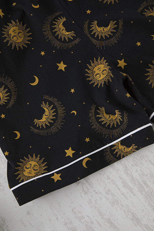 Siyah Galaksi Desenli Biyeli Gömlek Yaka Örme Pijama Takımı TBBSS25AI00086 - 3