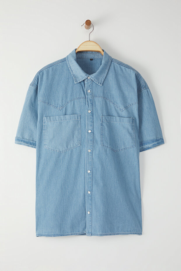Mavi Geniş Fit Kısa Kol Western Denim Kot Gömlek TMNSS25GO00046 - 8