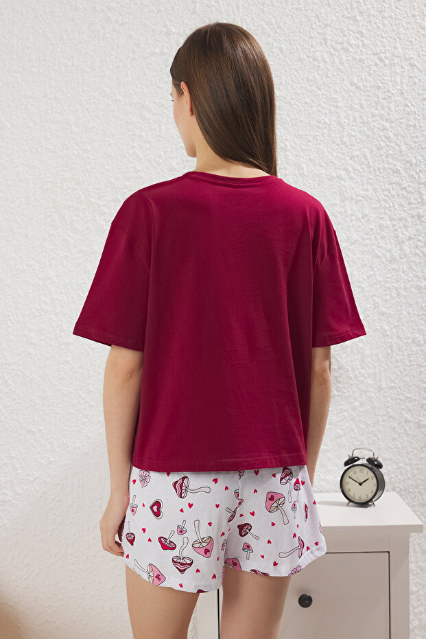 Bordo %100 Pamuklu Eğlence Desenli Şortlu Örme Pijama Takımı THMSS25PT00393 - 4