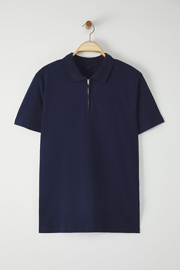 Lacivert Regular/Normal Kesim Fermuarlı %100 Pamuk Polo Yaka T-shirt TMNSS25PO00041 - 5