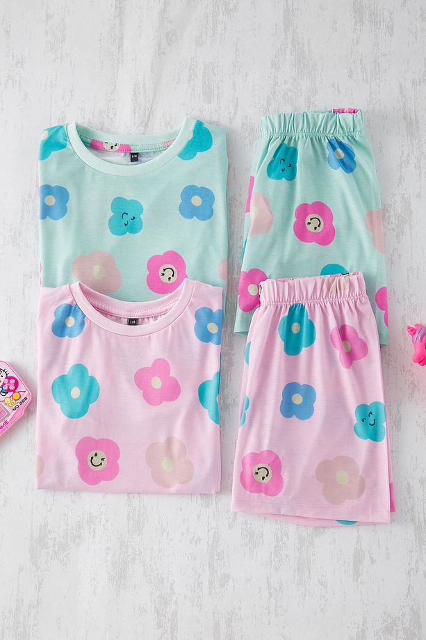 Pembe-Mint 4'lü Kız Çocuk Çiçek Desenli Kısa Kol T-Shirt-Şort Pijama Takımı TKDSS25PT00020 - 4