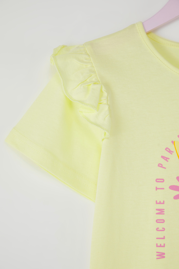 Sarı Kız Çocuk %100 Pamuk Flamingo Baskılı Kısa Kol Örme T-Shirt TKDSS25TS00061 - 6